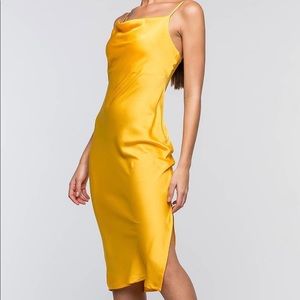 Agaci Canary Yellow Satin Crepe Cowl Front Dress